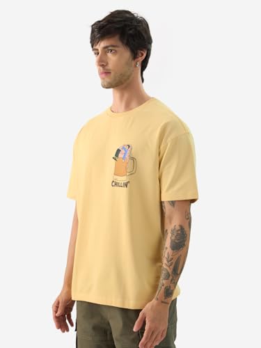 The Souled Store Chillin Men And Boys Short Sleeve Round Neck Yellow Graphic Printed Cotton Oversized T-Shirts