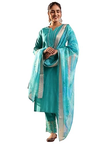 Libas Blue Embellished Silk Blend Straight-Fit Kurta Set For Women (51403Xxl)