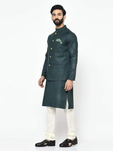 Kisah Men Green Off-White Solid Kurta With Churidar Jacket, Full Sleaves, Knee Length, Straight, Regular Fit, Mandarin Collar Et