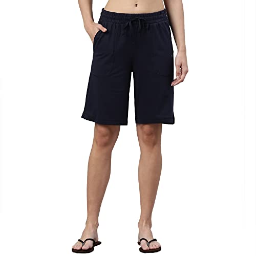 Enamor Essentials Womens Mid Rise Relaxed Fit 100% Cotton Knee Length Shorts Bermuda with Elasticated Waistband and Pockets - E