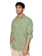 The Souled Store Summer Vibe Men And Boys Long Sleeves Collared Neck Button Front Green Embroidered Regular Fit Cotton Linen Shi