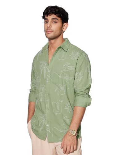 The Souled Store Summer Vibe Men And Boys Long Sleeves Collared Neck Button Front Green Embroidered Regular Fit Cotton Linen Shi