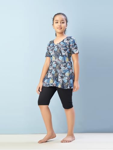 Aarika Girls Sports Wear Firozi-Black Colour Leaf Print Nylon Swim Suit (5-15 Years)-(Sw-Shm-Ca-1121)