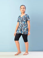 Aarika Girls Sports Wear Firozi-Black Colour Leaf Print Nylon Swim Suit (5-15 Years)-(Sw-Shm-Ca-1121)