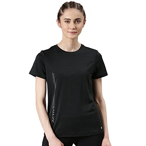 Enamor Dry Fit Antimicrobial Crew Neck Workout Tee for Women with Reflective Graphic(A309_BLACK MELANGE - ACTIVE REFLECTIVE_M)