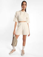 Nobero Women'S Sand Constance Popcorn Textured Co-Ord Set, Beige Popcorn Textured Co-Ord Set, Hooded Crop Top & Shorts Set, L