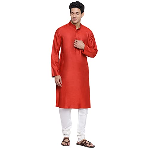 Fabindia Men Viscose Silk Chinese Collar Long Kurta Red_L