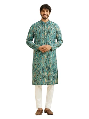 Manyavar MenS Viscose Blend Abstract Print Long Kurta (Green,Xl)