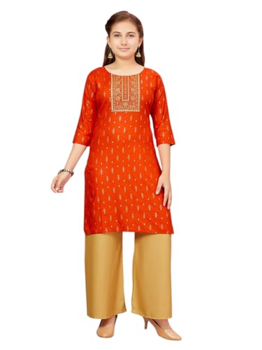 Aarika Girls Orange-Fawn Colour Cotton Kurti Palazzo Set (Pl-K-Ap-1112-Orange-Fawn-38)