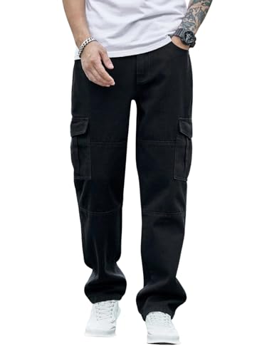 GRECIILOOKS Mens Classic Cotton Regular Fit Jeans (Black, 30)