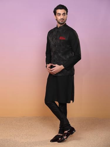 Kisah Men Kurta Jacket Set Blended Fabric, Rose Print, Full Sleaves, Knee Length, Straight, Regular Fit, Mandarin Collar Ethnic