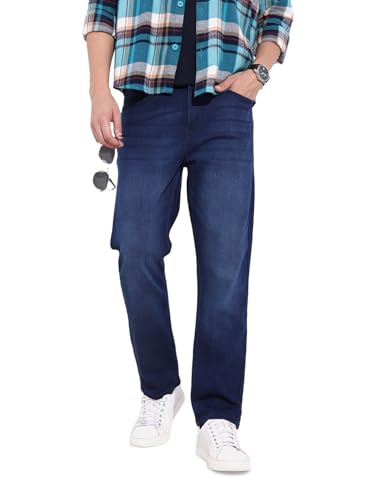 The Indian Garage Co Mens Slim Straight Fit Solid Mid-Rise Stretchable Jeans