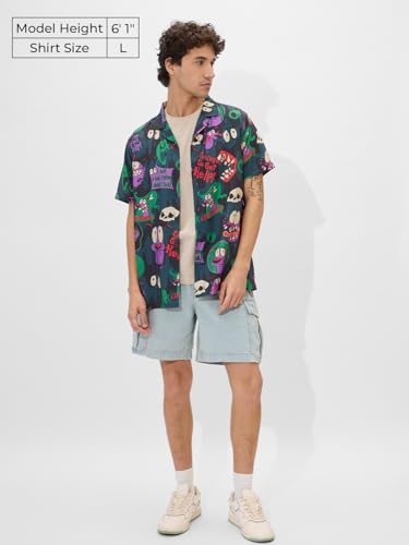 The Souled Store Courage: Creepy Stuff Happens Men And Boys Short Sleeves Collared Neck Button Front Purple All Over Printed Ray