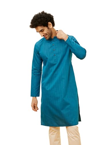 Manyavar Elegant Selfdesign Striped Kurta For Men - (Dark Blue, Large)