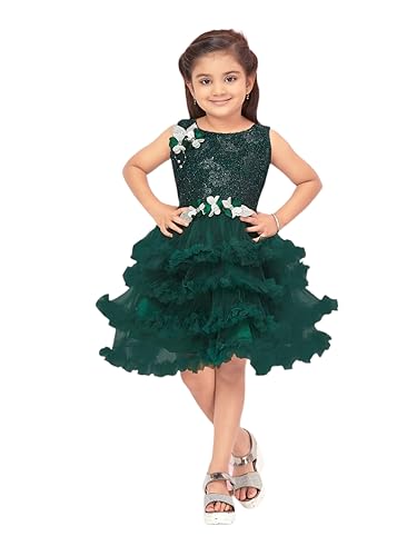 Aarika Girls Dark Green Colour Self Design Net Frock (6-7 Years)