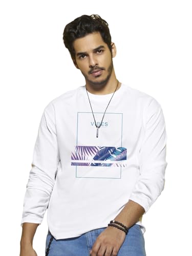 Bewakoof MenS Printed Regular Fit Full Sleeve Round Neck Cotton T-Shirt_468881_White_L