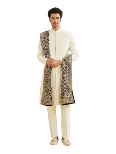 Manyavar MenS Velvet Thread Work Dupatta (Blue,2.65M)
