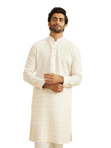Manyavar Mens Linen Self Design Long Kurta (White,XL)