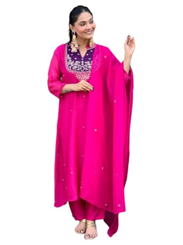 Anni Designer WomenS Rayon Viscose Solid Anarkali Embroidery Kurta With Pant And Dupatta (Chandini Rani_Xl_Rani_X-Large)