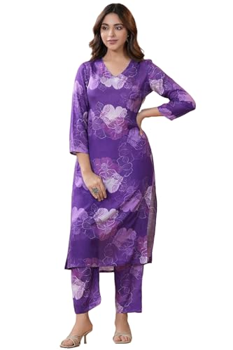 ANNI DESIGNER Women's Cotton Blend Calf Length Printed Straight Co-Ord Set (710 Violet_Purple_Small)