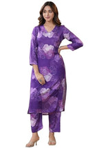 ANNI DESIGNER Women's Cotton Blend Calf Length Printed Straight Co-Ord Set (710 Violet_Purple_Small)