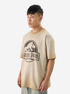 The Souled Store Official Jurassic Park: Logo Men And Boys Short Sleeves Round Neck Beige Graphic Printed Cotton Oversized T-Shi