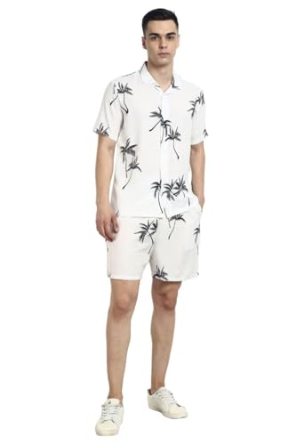 DHRUVI TRENDZ Mens Rayon Co-Ord Set Regular Fit Night Dress Pajama Set (Dt-Ms-6100&Sh172_White_L, Large)