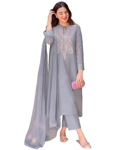 ANNI DESIGNER Womens Cotton Blend Embroidered Straight Kurta with Pant & Dupatta (Gudali Blue_S_Blue_Small)