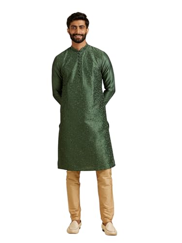 Manyavar MenS Art Silk Stone-Studded Thread Embroidery Kurta Pyjama Set (Green,M)