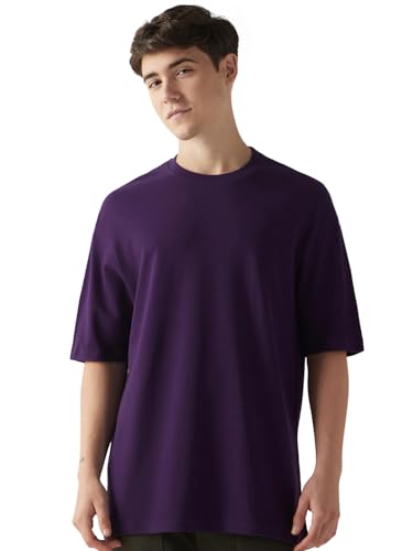 Bewakoof Mens Solid Oversized Fit Half Sleeve Round Neck Pique T-Shirt_514352_Purple_L