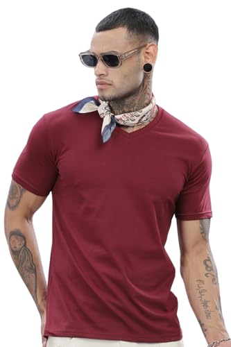 ADRO Mens V Neck Solid Cotton T-Shirt (VN-M-PLN-MR_Maroon_2XL)