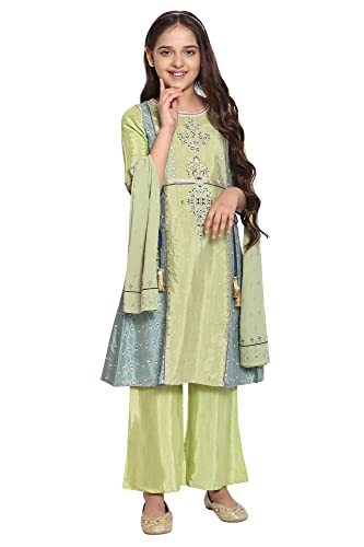 Green Flared Kurta-Trousers-Dupatta Girls Set