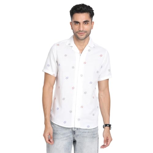 Turtle Men Self Design White Printed Slim Fit Casual Shirt