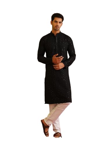 Sojanya (Since 1958 MenS Pure Cotton Sequined Black Kurta And White Pyjama Set
