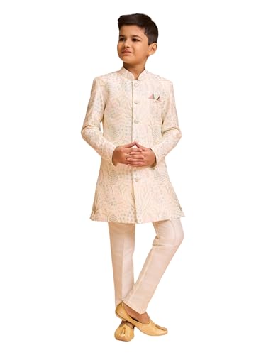 Manyavar Boys Art Silk Thread Embroidery Indo Western Set (Cream,2-3Y)