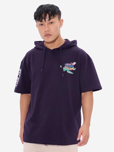 The Souled Store Deep Diver Ii Men And Boys Short Sleeves Purple Graphic Printed Cotton Oversized Hooded T-Shirts