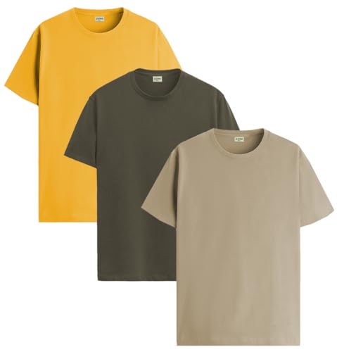 ADRO Men's Solid Regular Fit T-Shirt (RCM3-PLN-MU-OL-BE_Mustard,Olive,Beige