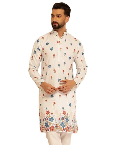 Sojanya (Since 1958 MenS Cotton Daman Print White Long Kurta With Krochet Embroidery