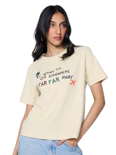 The Souled Store Textured T-Shirt: Far Away Women and Girls Short Sleeves Round Neck Off White Embroidered Cotton Blend Relaxed 