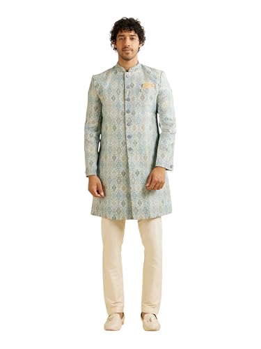Manyavar MenS Brocade Conch Shell Print Kurta Set (Light Blue,Xl)