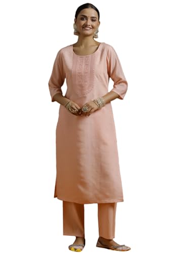 Libas Gerua Womens Embroidered Silk Blend Straight Kurta With Trousers