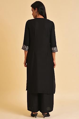 W For Woman Black Placement Print A-Line Kurta