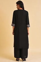 W For Woman Black Placement Print A-Line Kurta