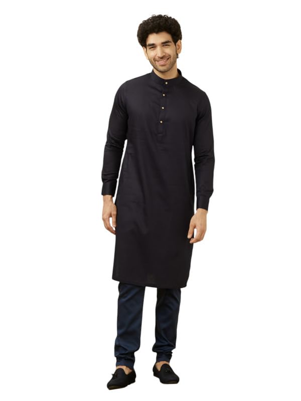 Manyavar Sytlish Solid Pattern Full Sleeves Kurta And Churidar Set For Men - (Blue, X-Large)