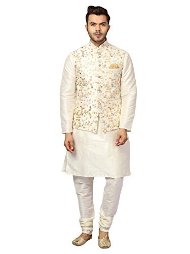 Uri And Mackenzie MenS Silk Blend Kurta Set With Stylish Embroidered Ethnic Jacket (40, OffWhite/Emb9) 40