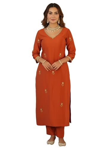 Anni Designer WomenS Rayon Viscose Straight Embroidery Kurta With Pant (Jasvini Orange_Xxl_Orange_Xx-Large)