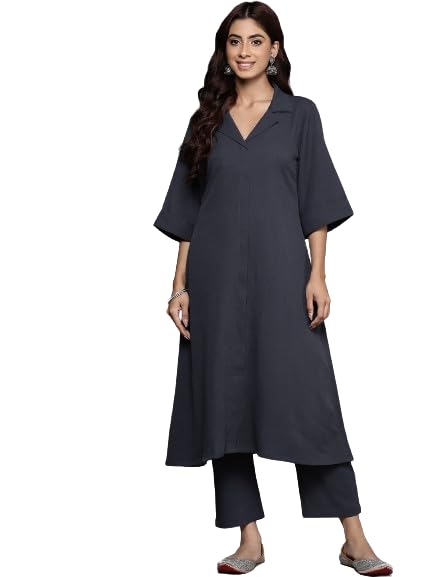 Varanga Women Grey Shirt Collar Neck A-Line Kurta With 3/4Th Sleeves Paired With Tonal Bottoms - Elegant And Comfortable Ethnic 