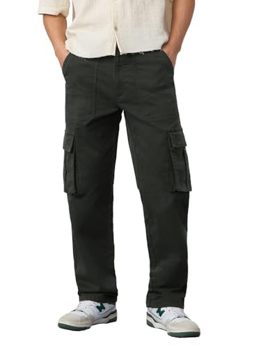 The Souled Store Cargo Jeans: Dark Moss Men and Boys Buttoned Cotton Blend Straight Fit Cargo Jeans
