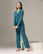 Greciilooks Women Lycra Blend Blazer 3 Piece Co Ord Set Turquoise