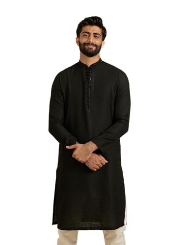 Manyavar Black Art Silk Self Design Kurtas For Men (Kurta Only)